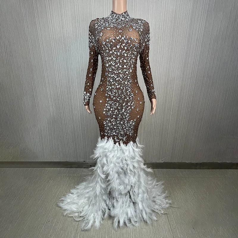 Sparkling Silver Transparent Feather Long Dress Celebrating Luxury Costume Dancer Flash Dress Party Birthday Photography Dress - So Real Fashion