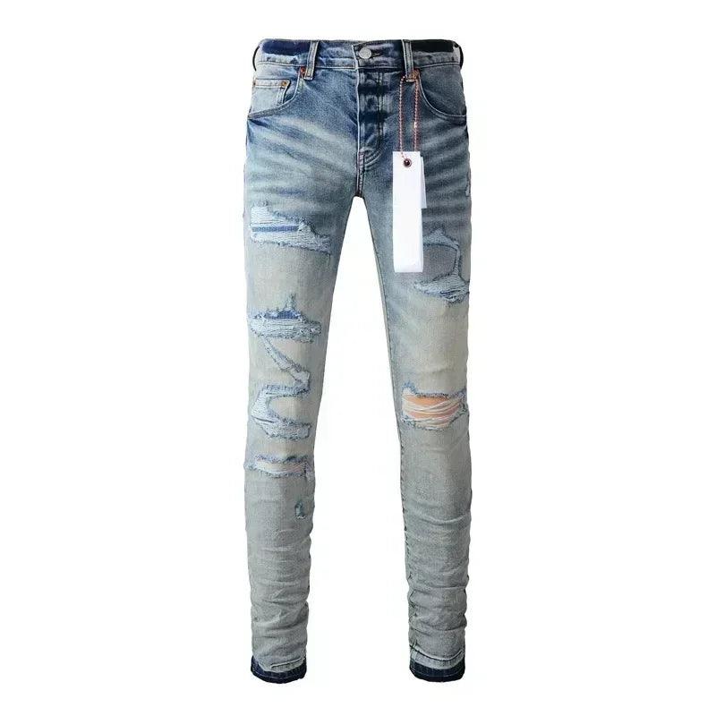 Purples Jeans Men denim pants distressed slim fitting paint brands Fashion Repair Low Rise Skinny Denim pants - So Real Fashion