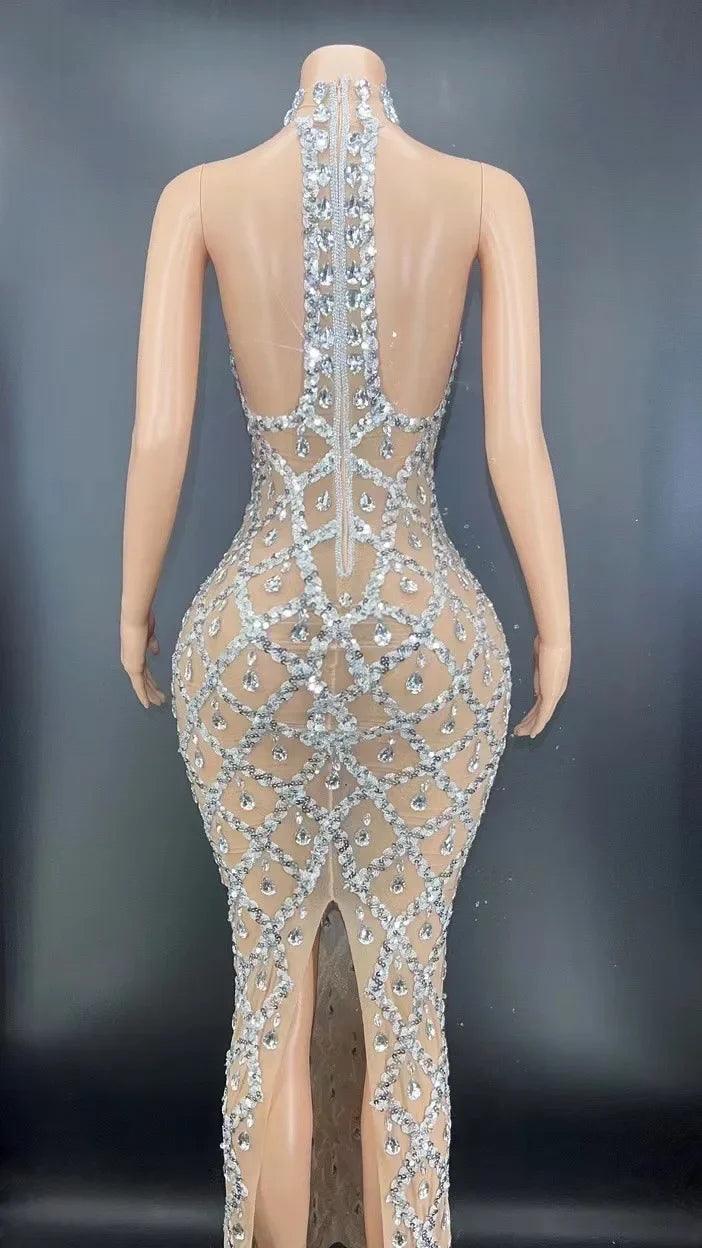 Women Sexy Sparkly Rhinestone Silver Dress Backless Cocktail Wedding Guest Evening DressBackless Transparent Long Dress - So Real Fashion