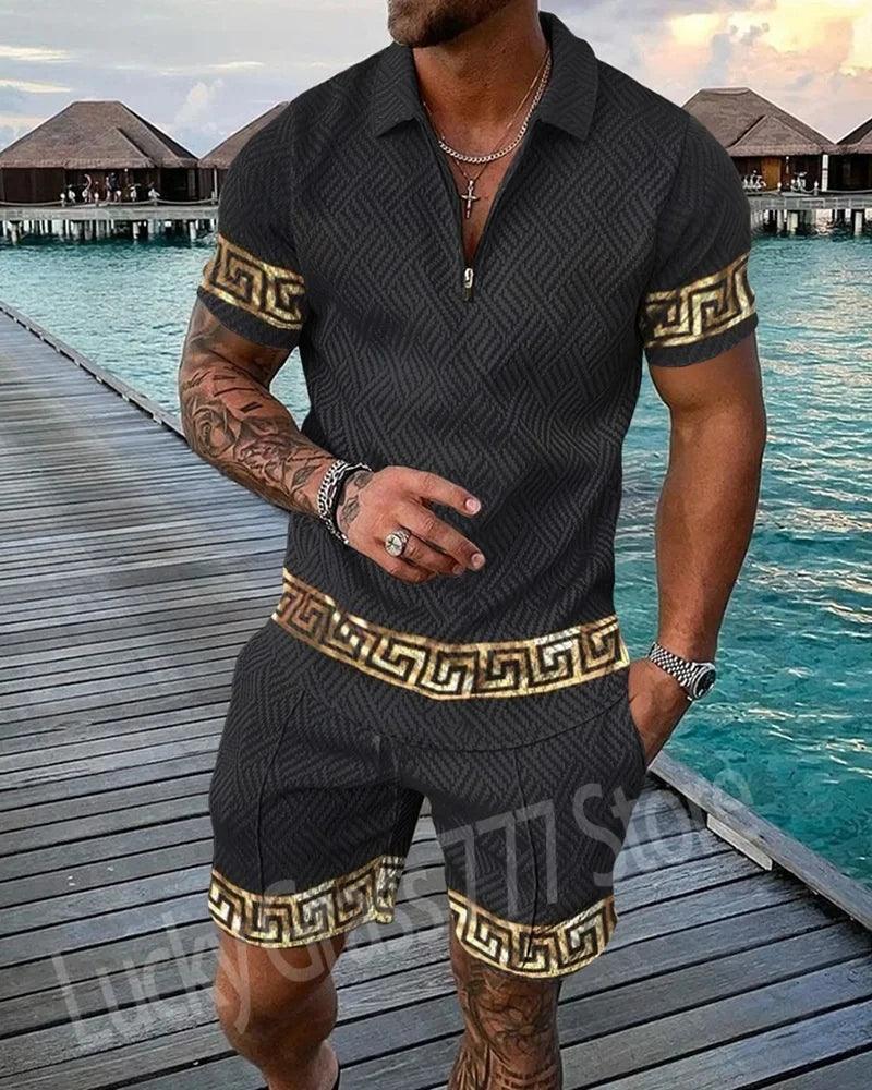 Men's Summer Tracksuit Sports Suit Men Set 3D Printed Casual Short Sleeve T Shirt Lapel Zip Polo Shirt Male Clothing Jogging - So Real Fashion