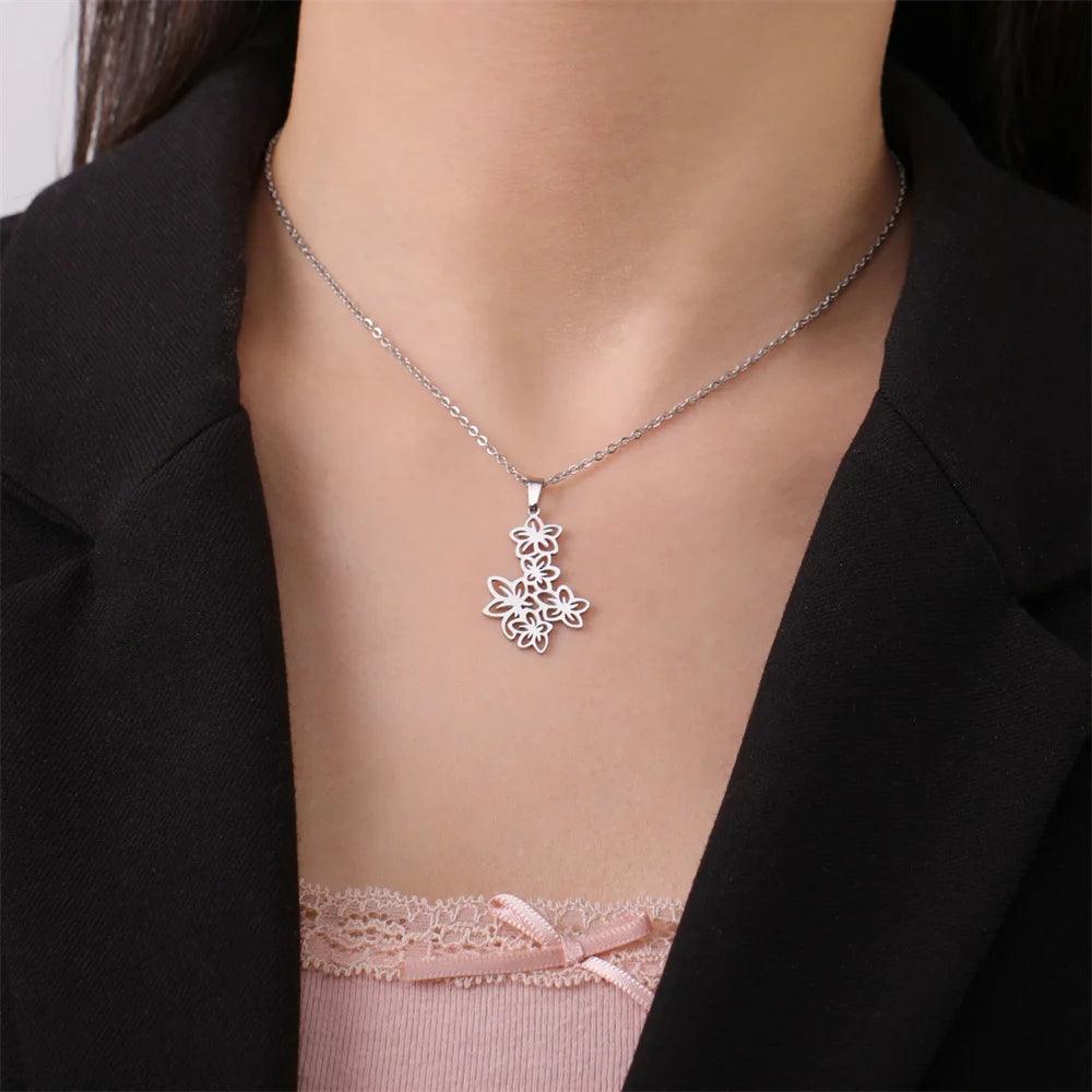 My Shape Flower Clusters Pendants Necklaces for Women Girls Stainless Steel Elegant Floral Charms Choker Chain Fashion Jewelry - So Real Fashion