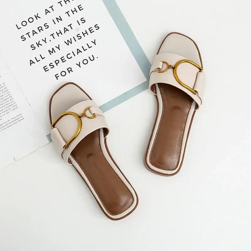 Summer Women Slippers Leather Square Toe Women Flats Flip Flops Designer Ladies Slides Sandals Women Shoes Luxury Sandals - So Real Fashion