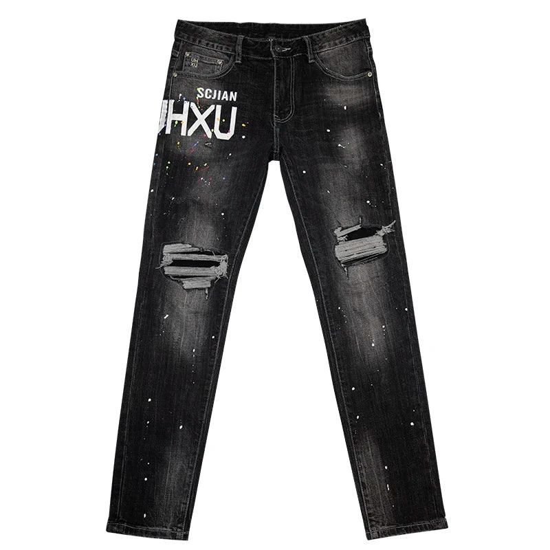 Ripped Jeans Men Black Gray Slim Stretch Hip Hop Denim Pants Moto Patch Distressed Trousers Man Grunge Letters Original Designer - So Real Fashion