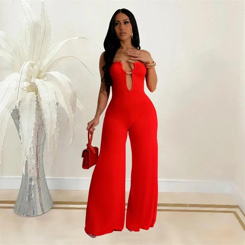 Metal Ring Tube Strapless Wide Leg Overall Jumpsuit Women Elegant Sleeveless Backless Rompers Night Club Party Birthday Outfits - So Real Fashion