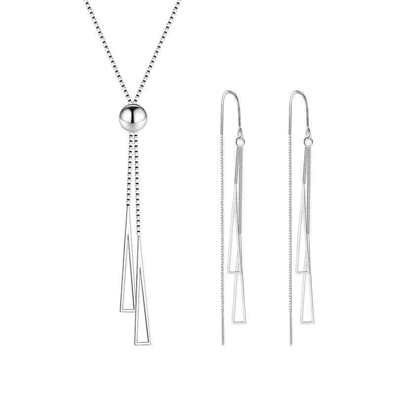 Fanqieliu Real Sterling Silver Triangle Pendant Necklace Box Chain Long Drop Earrings Jewelry Sets For Women Trendy. - So Real Fashion