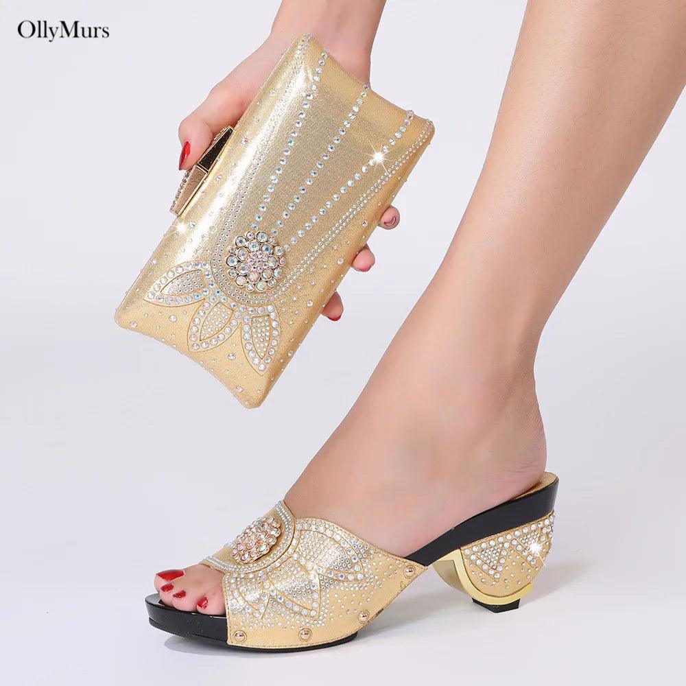 High Quality Italian Rhinestone Purple Color Shoes And Bags Set Fashion Slipper Pumps Woman Shoes And Bag To Match Set For Party - So Real Fashion