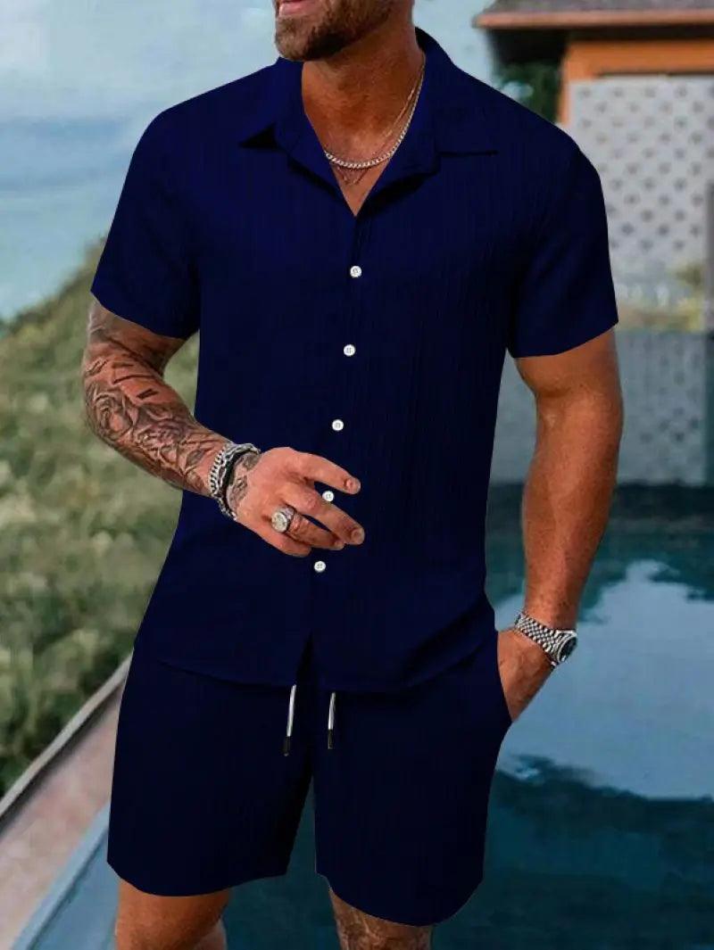 Men's beach suit striped solid color short sleeve shorts shirt Sports casual breathable lightweight high quality men's wear ins - So Real Fashion