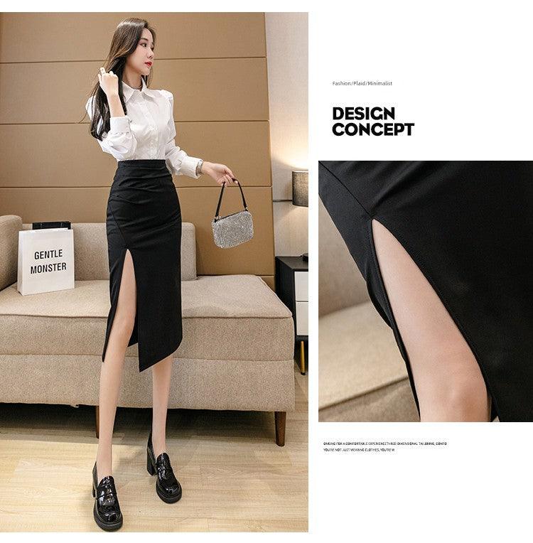 Irregular Slit Mid Length Long Length Spring Pleated Skirt - So Real Fashion