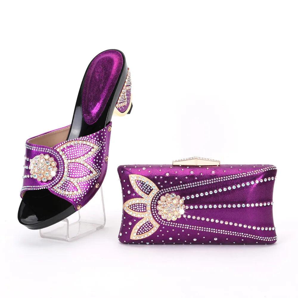 High Quality Italian Rhinestone Purple Color Shoes And Bags Set Fashion Slipper Pumps Woman Shoes And Bag To Match Set For Party - So Real Fashion