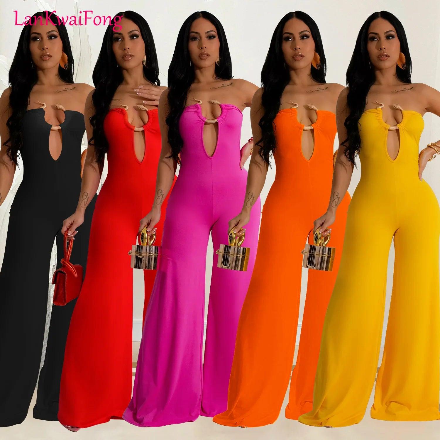 LKF Fashion Party Women's Jumpsuit Solid Color Chest Wrap Off Shoulder Hollow Fit Sexy Wide Leg Long Jumpsuit - So Real Fashion