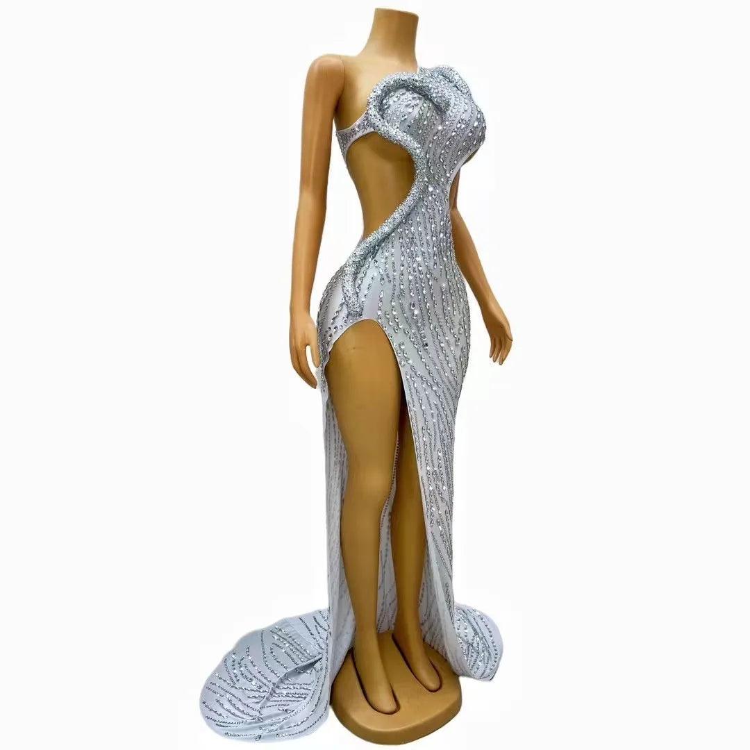 Sexy Stage Luxury Silver Sparkly Rhinestones Split Long Train Dress Wedding Evening Birthday Celebrate Sexy Big Tail Dress - So Real Fashion