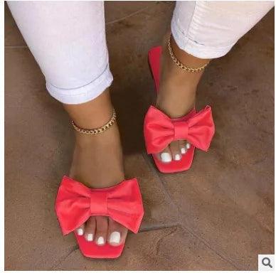 Fashion Summer Plus Size One-line Solid Color Bow Flat Sandals Outdoor Beach Slippers Elegant Women Shoes. - So Real Fashion