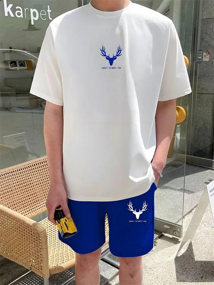 Two Piece Set Antler Print Men's Short Sleeve Shorts Set Summer Everyday Fashion Men's T-shirt Outdoor Casual Men's Beach Shorts - So Real Fashion