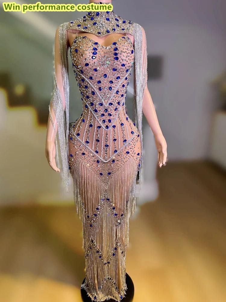 Sparkling Colored Rhinestones Tassels Hollowed Out Mesh Tight And Sexy Long Dress Nightclub Bar Performance Costumes - So Real Fashion