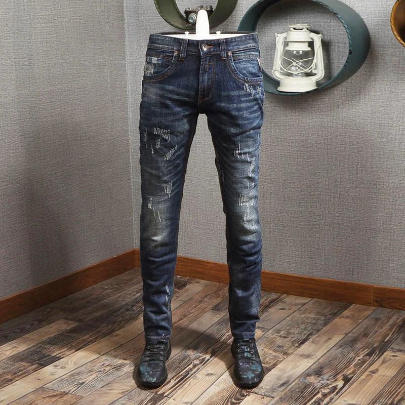 Newly Designer Fashion Men Jeans Retro Blue Elastic Slim Fit Ripped Jeans Men Italian Style Vintage Casual Denim Pants Hombre - So Real Fashion