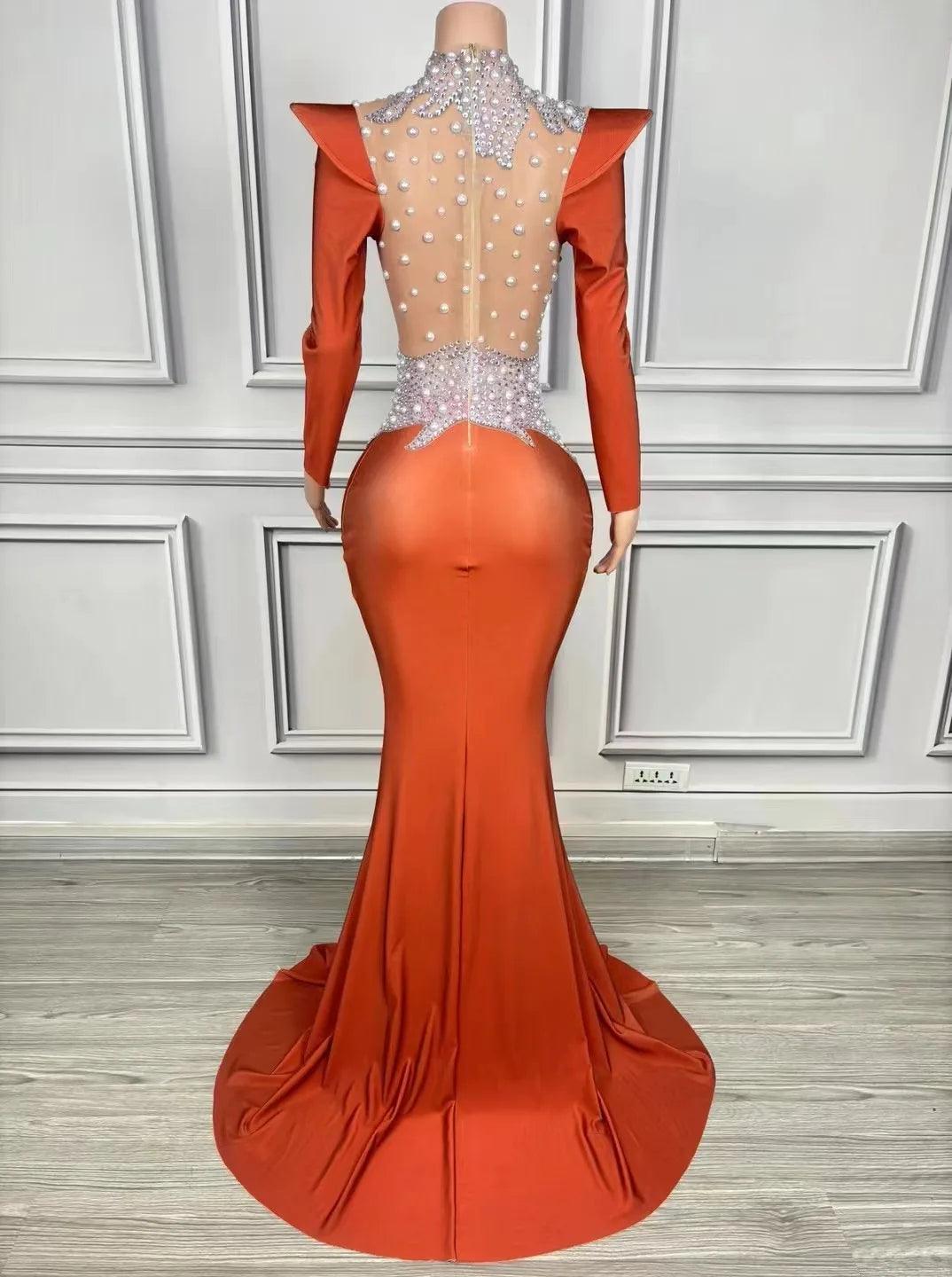 Sparkly Rhinestones Pearls Floor Length Dress Women Sexy Stage Mesh Evening CLub Prom Wedding Celebrate Birthday Photoshoot Wear - So Real Fashion