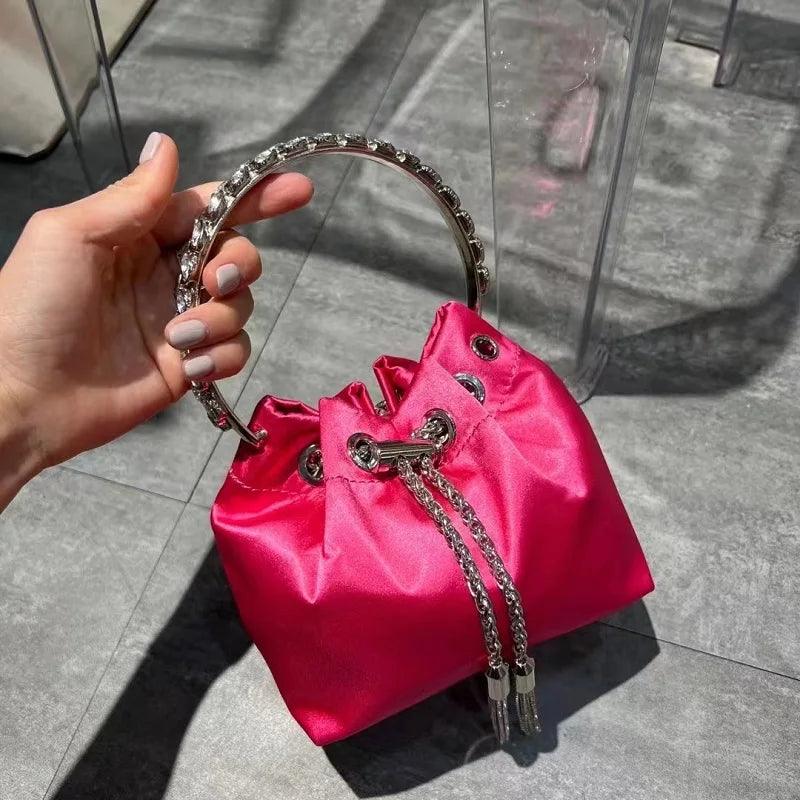 Luxury Designer Glitter Diamonds Tassel Bucket Bag Metal Ring Handheld Women's Handbag Wedding Party Clutch Purse Shoulder Bag - So Real Fashion