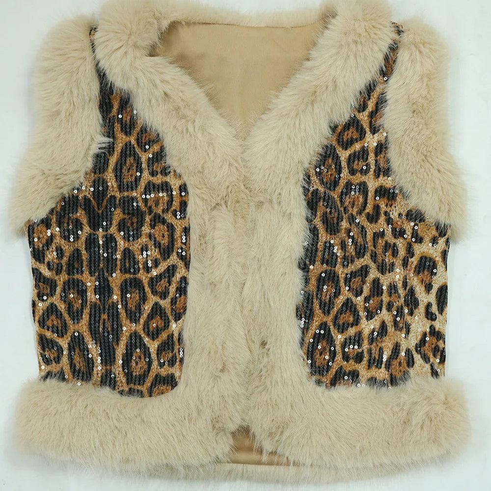 Women's Set Sleeveless Fur Leopard Sequined V-neck Wool Vest and Pant Suits 2024 Street Two 2 Piece Set Outfit Tracksuit - So Real Fashion