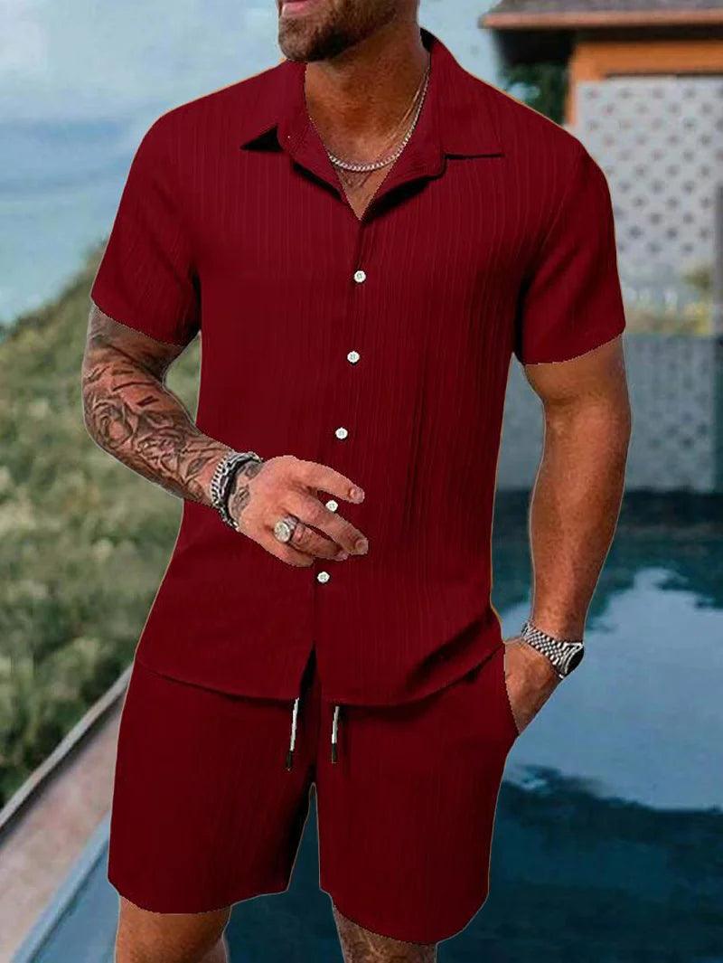 Men's beach suit striped solid color short sleeve shorts shirt Sports casual breathable lightweight high quality men's wear ins - So Real Fashion