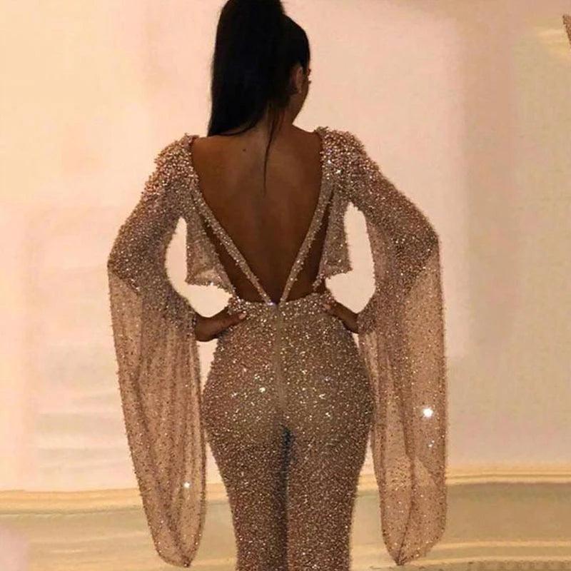 Sexy Backless Hollow Bandage Jumpsuit Women Spring O-neck Flare Sleeve Straight Playsuit Fall Sequin Shiny Party Romper Overalls - So Real Fashion