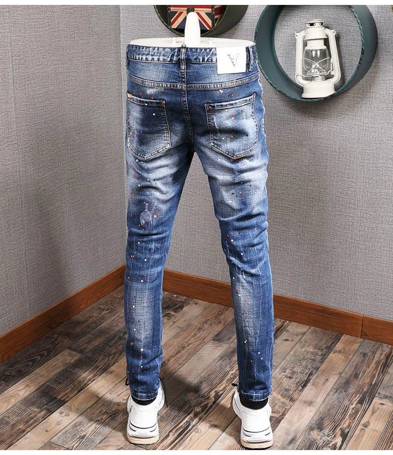 Fashion Streetwear Men Jeans Retro Blue Elastic Slim Fit Ripped Jeans Men Painted Designer Elastic Hip Hop Denim Pencil Pants - So Real Fashion