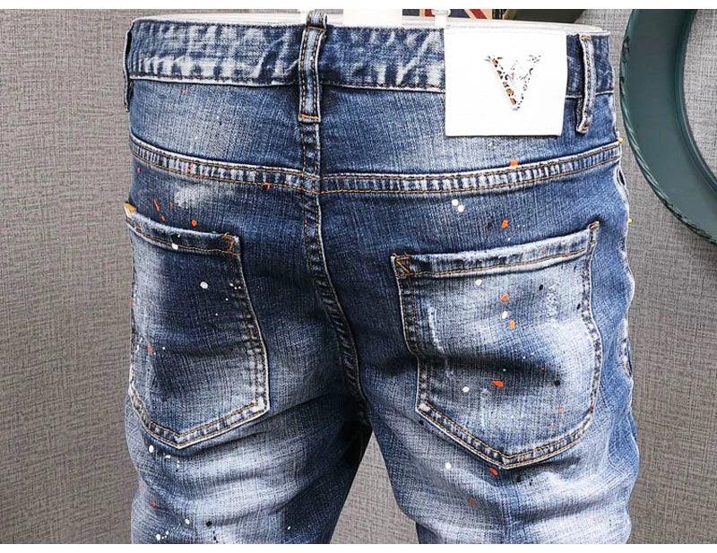 Fashion Streetwear Men Jeans Retro Blue Elastic Slim Fit Ripped Jeans Men Painted Designer Elastic Hip Hop Denim Pencil Pants - So Real Fashion