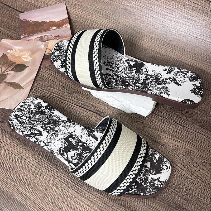 Summer new woven shoe upper with printed word on the inside and beach women's slippers - So Real Fashion