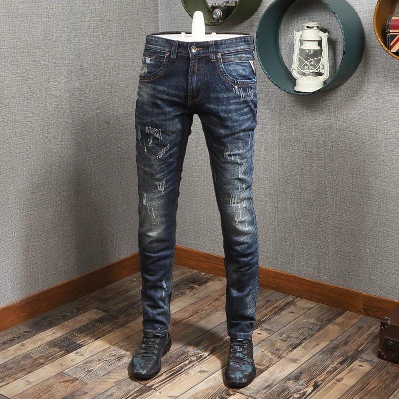 Newly Designer Fashion Men Jeans Retro Blue Elastic Slim Fit Ripped Jeans Men Italian Style Vintage Casual Denim Pants Hombre - So Real Fashion