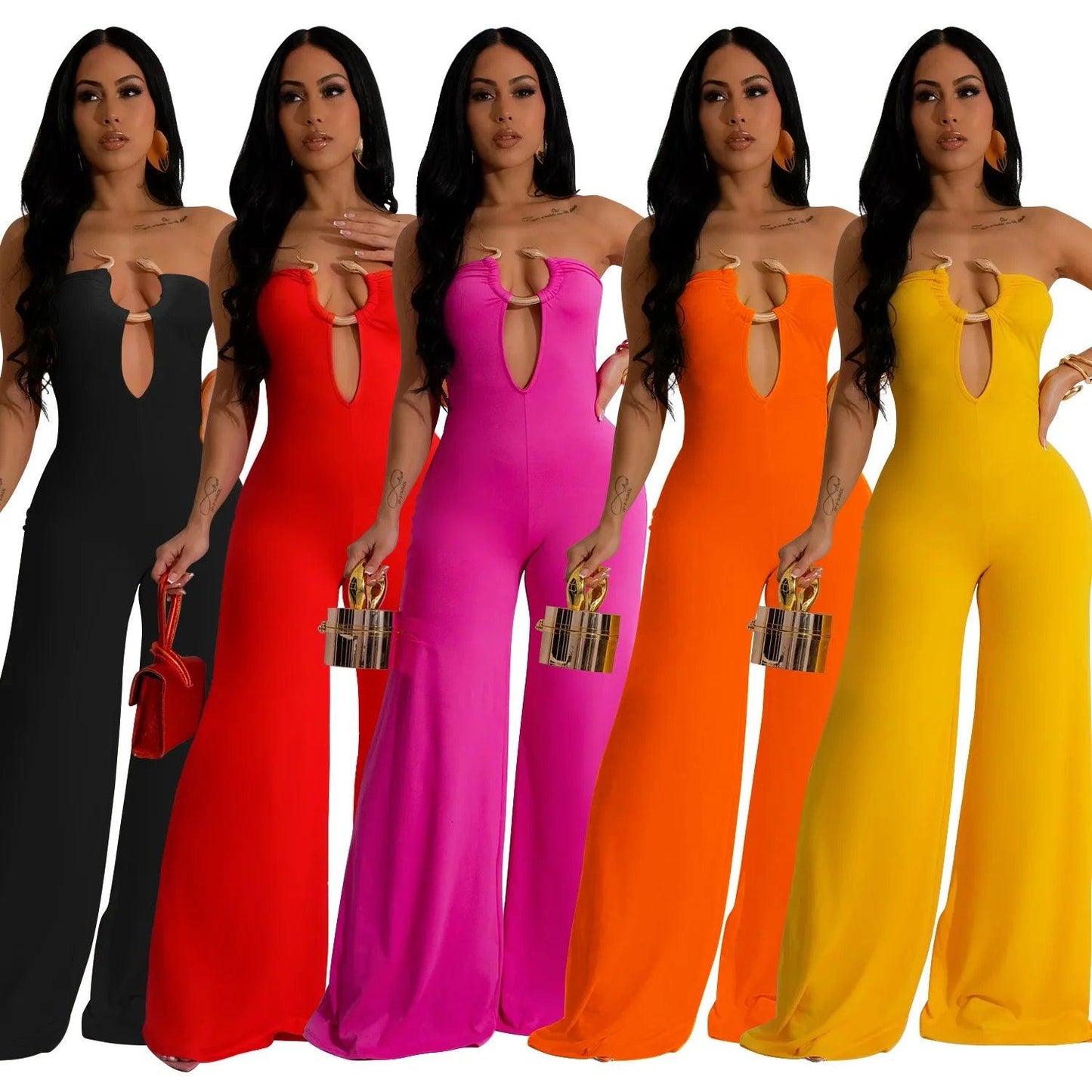 LKF Fashion Party Women's Jumpsuit Solid Color Chest Wrap Off Shoulder Hollow Fit Sexy Wide Leg Long Jumpsuit - So Real Fashion