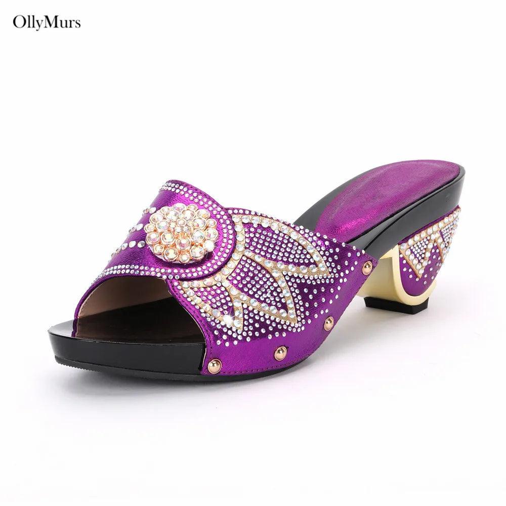 High Quality Italian Rhinestone Purple Color Shoes And Bags Set Fashion Slipper Pumps Woman Shoes And Bag To Match Set For Party - So Real Fashion