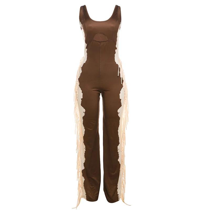 Chic Side Tassel Jumpsuit Women Sexy Hollow Contrast Stretch Summer Fashion Fit Sleeveless Elastic Workout Long Overalls - So Real Fashion