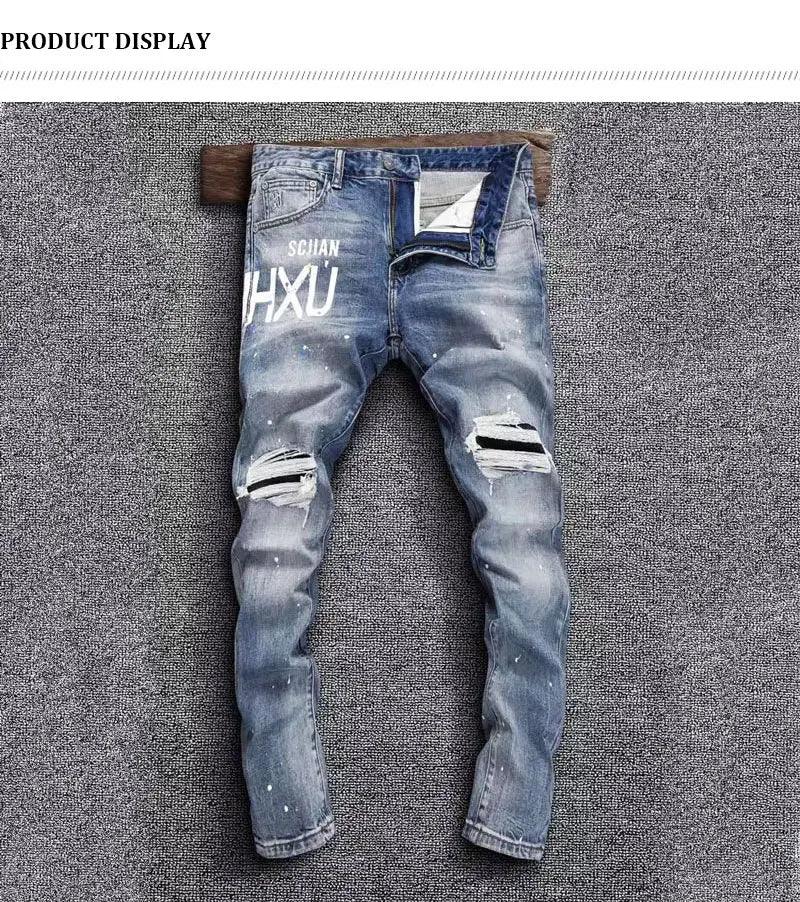 Street Fashion Men Jeans Retro Black Gray Stretch Slim Fit Painted Ripped Jeans Men Printed Designer Hip Hop Denim Pants Hombre - So Real Fashion