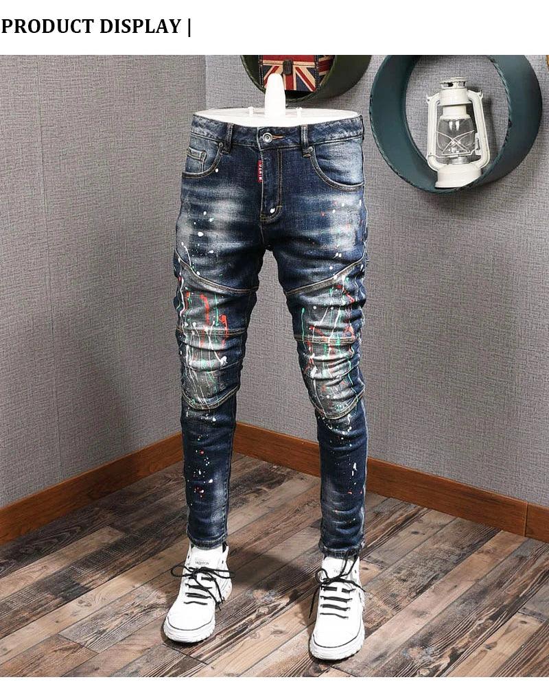 Fashion Streetwear Men Jeans Retro Blue Elastic Slim Fit Ripped Jeans Men Painted Designer Elastic Hip Hop Denim Pencil Pants - So Real Fashion