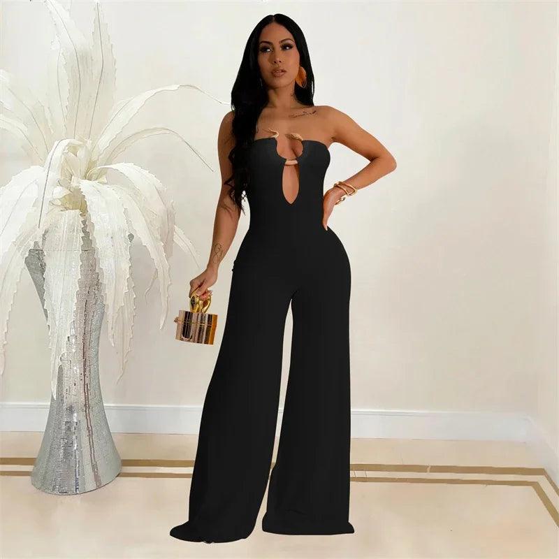 Metal Ring Tube Strapless Wide Leg Overall Jumpsuit Women Elegant Sleeveless Backless Rompers Night Club Party Birthday Outfits - So Real Fashion