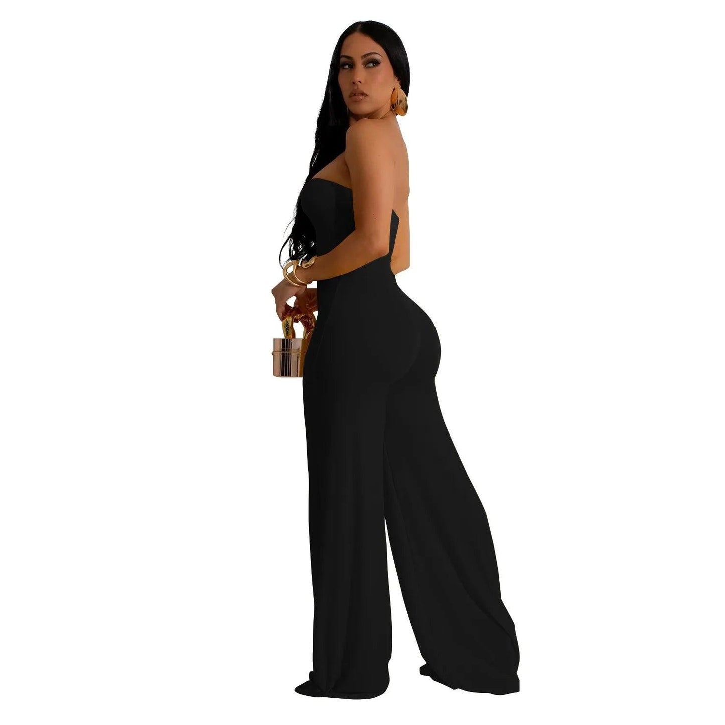 LKF Fashion Party Women's Jumpsuit Solid Color Chest Wrap Off Shoulder Hollow Fit Sexy Wide Leg Long Jumpsuit - So Real Fashion