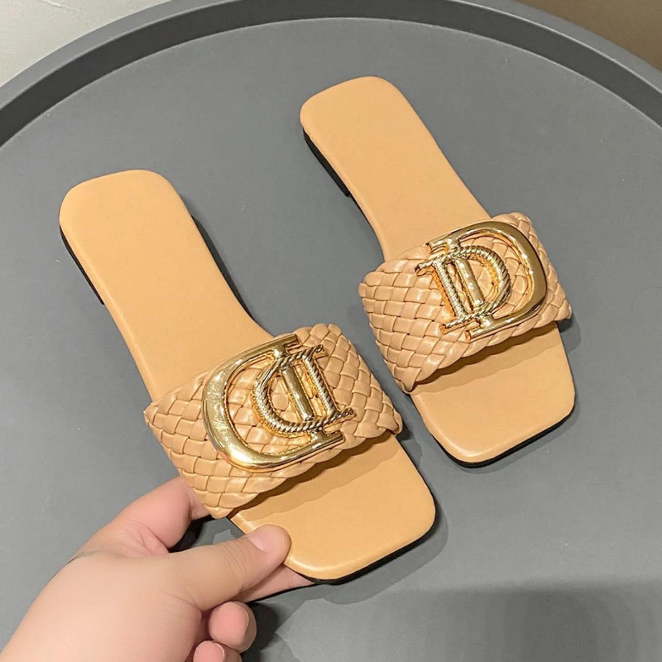 Women Slippers Luxury Decor Weave Designer Flat Sandals Fashion Open-toe Vacation Slides Women Party Sexy Elegant Slippers Women - So Real Fashion