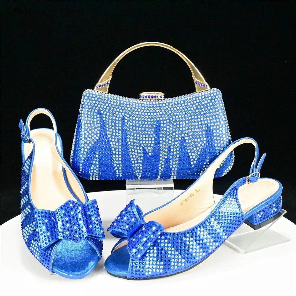 Autumn Fashion PU With Rhinestone Woman Sandal Shoes And Bag Set Elegant Low Heels Shoes And Bag To Match Set For Party - So Real Fashion