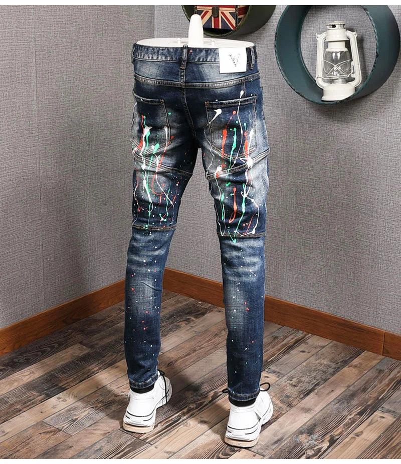 Fashion Streetwear Men Jeans Retro Blue Elastic Slim Fit Ripped Jeans Men Painted Designer Elastic Hip Hop Denim Pencil Pants - So Real Fashion