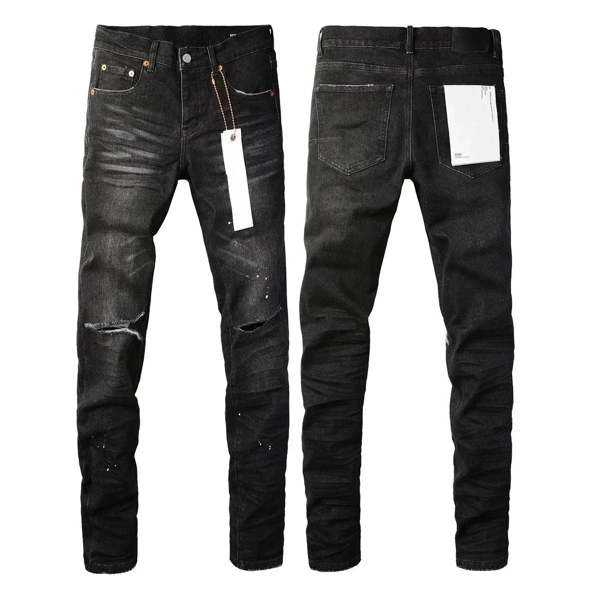 Purples Jeans Men Fashion high quality High Street Black Paint Dot Knife Cut Hole Repair Low Rise Skinny Denim brand Pants - So Real Fashion