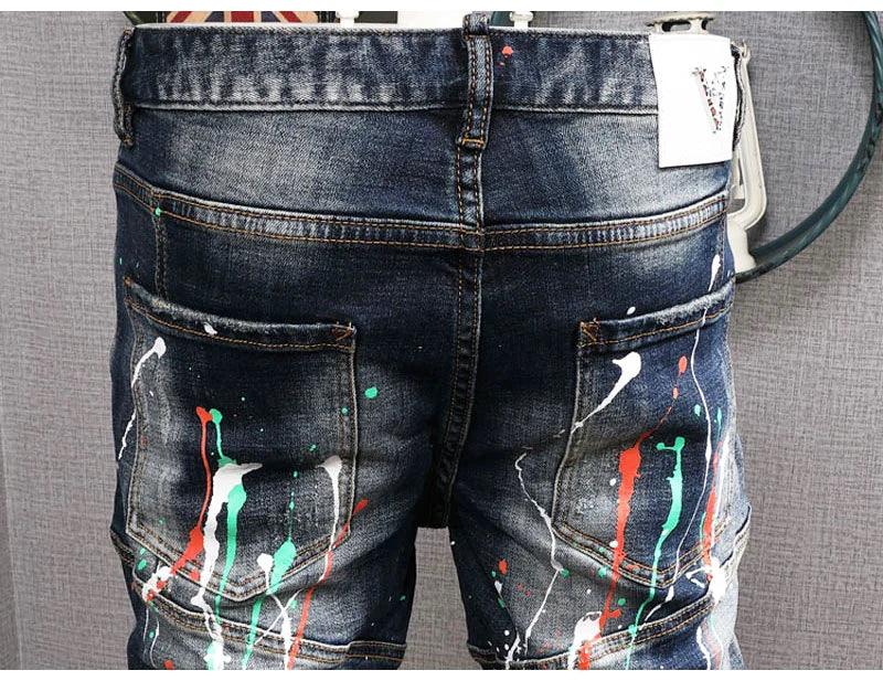 Fashion Streetwear Men Jeans Retro Blue Elastic Slim Fit Ripped Jeans Men Painted Designer Elastic Hip Hop Denim Pencil Pants - So Real Fashion