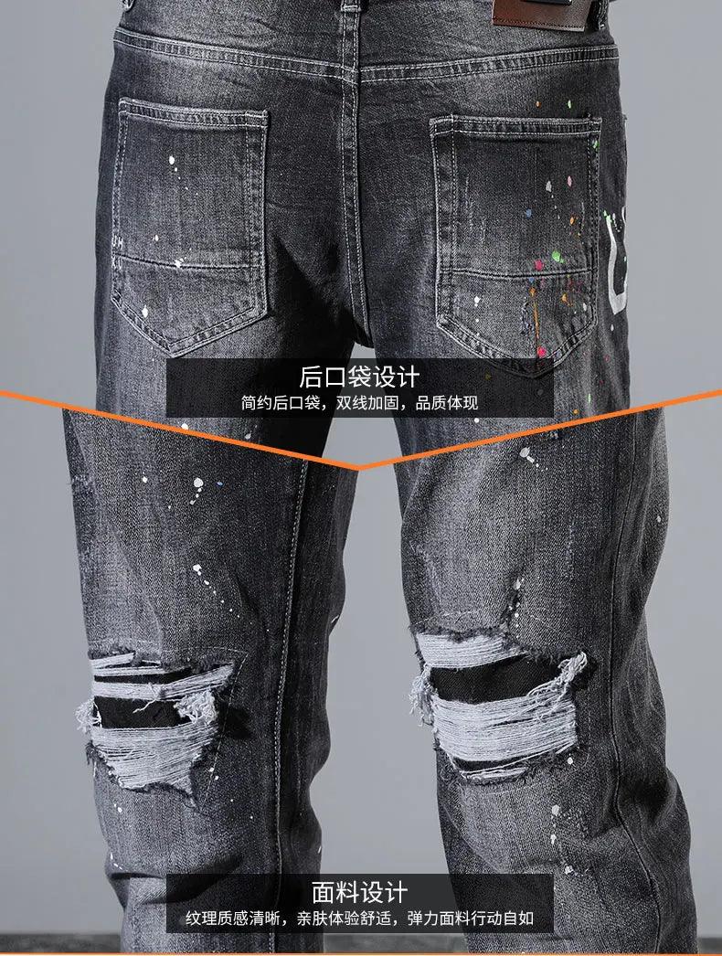 Ripped Jeans Men Black Gray Slim Stretch Hip Hop Denim Pants Moto Patch Distressed Trousers Man Grunge Letters Original Designer - So Real Fashion