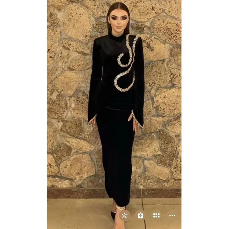 High Quality Shining Diamonds Half High Collar Black Long Bandage Dress Elegant Woman Evening Party Dress Cocktail Party Outfit - So Real Fashion