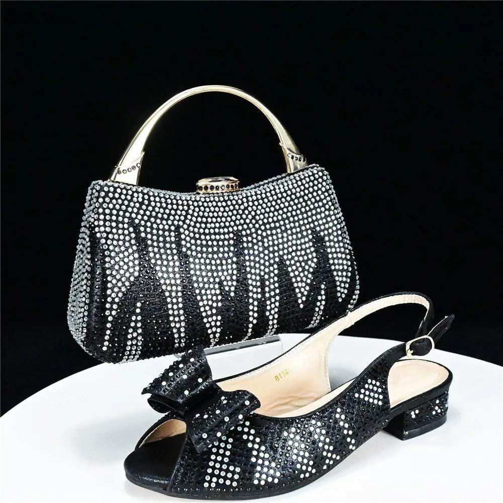 Autumn Fashion PU With Rhinestone Woman Sandal Shoes And Bag Set Elegant Low Heels Shoes And Bag To Match Set For Party - So Real Fashion