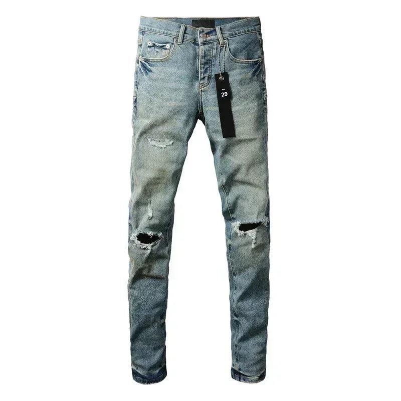 Purples Jeans Men denim pants distressed slim fitting paint brands Fashion Repair Low Rise Skinny Denim pants - So Real Fashion