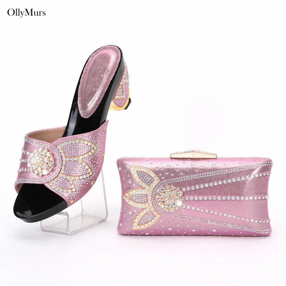 High Quality Italian Rhinestone Purple Color Shoes And Bags Set Fashion Slipper Pumps Woman Shoes And Bag To Match Set For Party - So Real Fashion