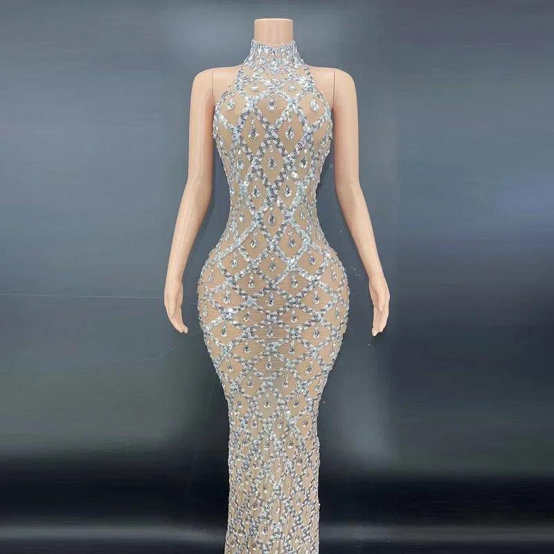 Women Sexy Sparkly Rhinestone Silver Dress Backless Cocktail Wedding Guest Evening DressBackless Transparent Long Dress - So Real Fashion