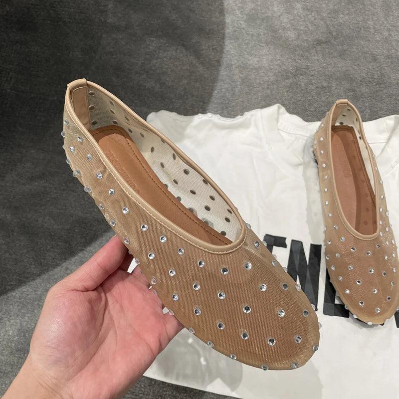 Mesh Breathable Rhinestone Women Shoes Sheepskin Insole Round Toe Ladies Ballet Dancing Shoes Soft Zapatos Mujer 2024 Tendencia - So Real Fashion