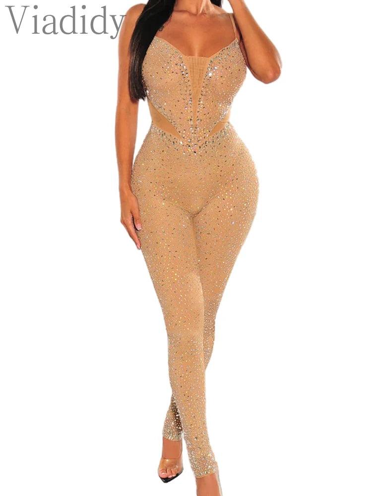 Sexy Sheer Mesh Pacthwork Rhinestone Decor Sleeveless Skinny Jumpsuit - So Real Fashion