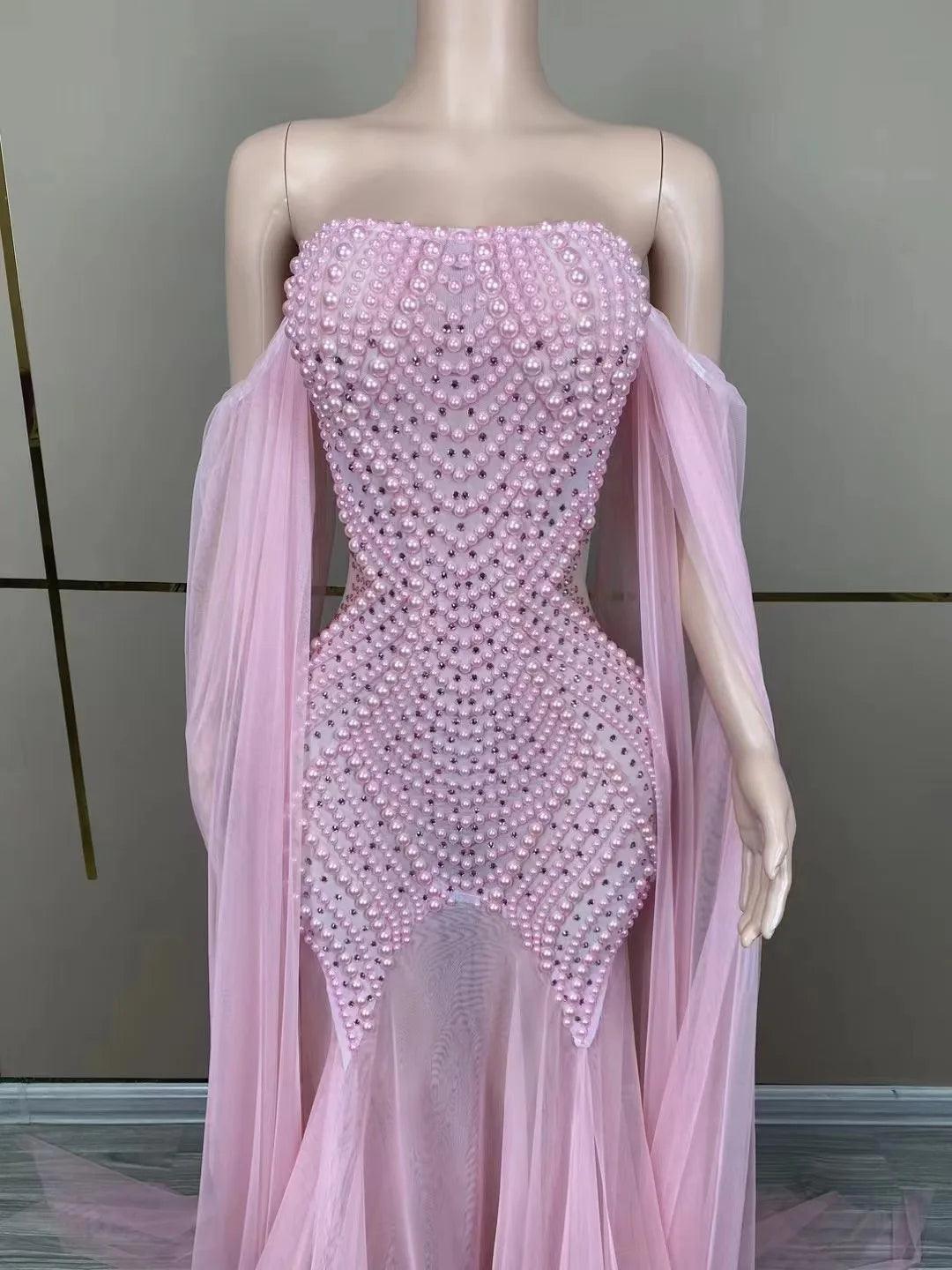 Sexy Stage Pink Mesh Pearls Dress Women Dance Costumes Birthday Bar Nightclub Party Dress Female Singer Performance Stage Outfit - So Real Fashion