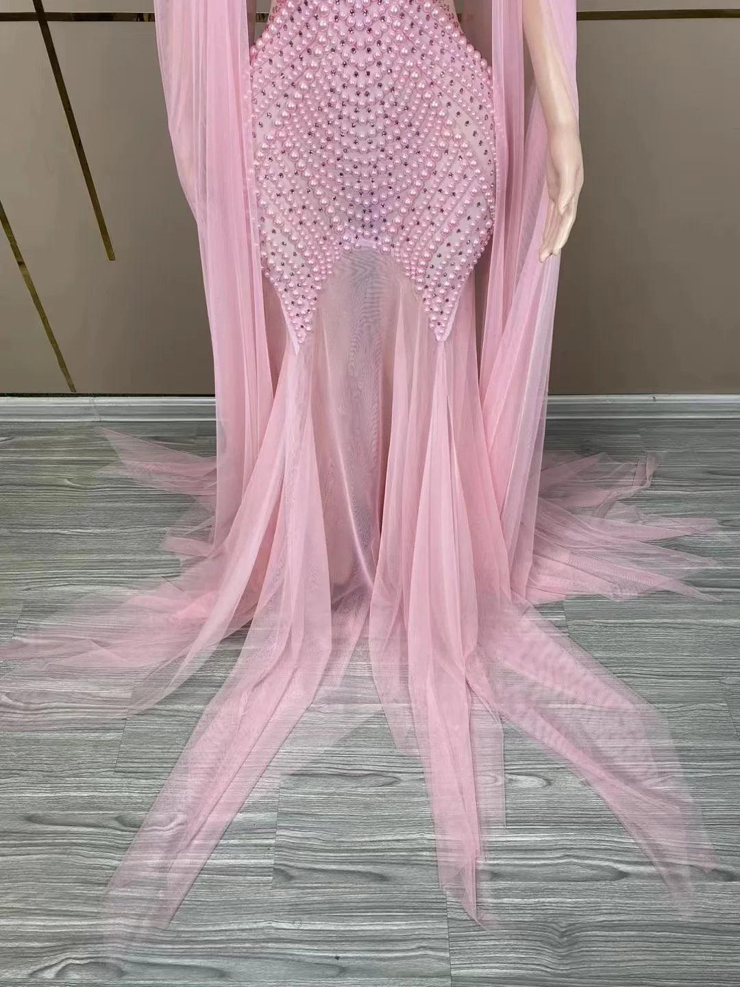 Sexy Stage Pink Mesh Pearls Dress Women Dance Costumes Birthday Bar Nightclub Party Dress Female Singer Performance Stage Outfit - So Real Fashion